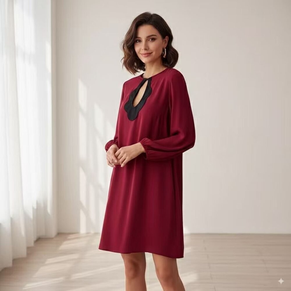 STAUD Wine Red Mini Dress Black Scallop Keyhole Long Sleeve XS